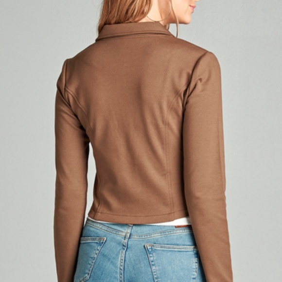 NEW Zip Front Cropped Fitted Stylish Blazer Jacket- Long Sleeve Dark Khaki- S-M - Picture 2 of 2